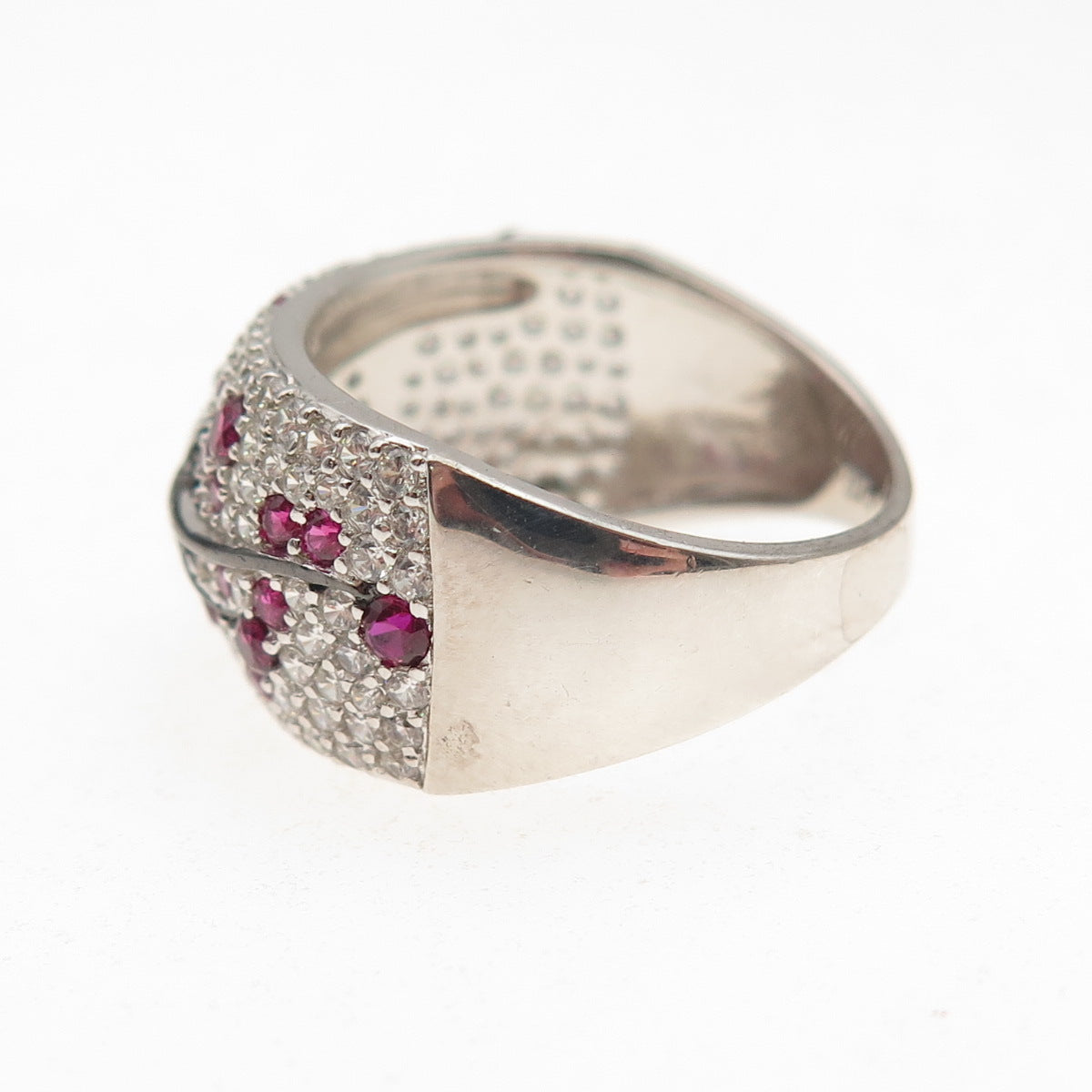 925 Sterling Silver Black Rhodium Lab-Created Ruby & C Z Floral Ring Size 6.75