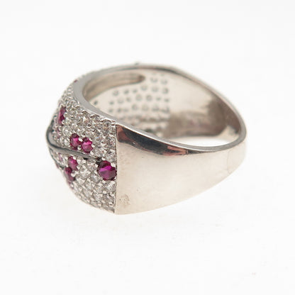 925 Sterling Silver Black Rhodium Lab-Created Ruby & C Z Floral Ring Size 6.75