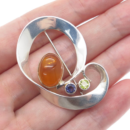 MICHOU 925 Sterling Silver Vintage Real Amber Iolite & Peridot Modernist Brooch