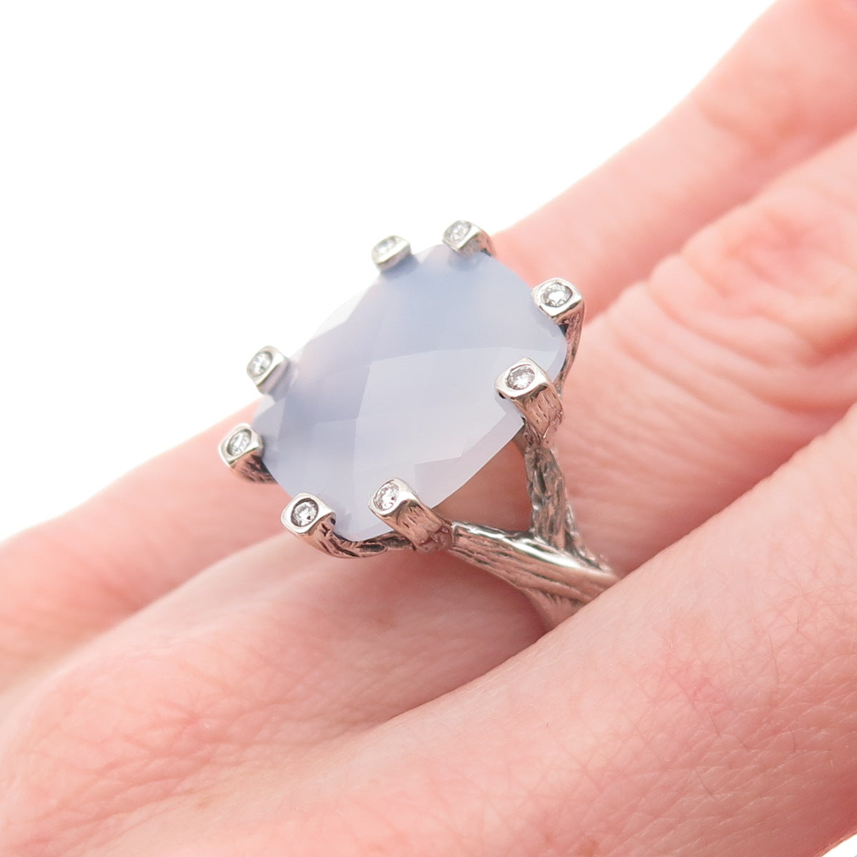 925 Sterling Silver Vintage Real Diamond & Chalcedony Modernist Ring Size 5.5