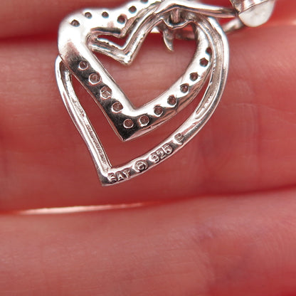 SAI 925 Sterling Silver Real Round-Cut Diamond Double Heart Dangle Earrings