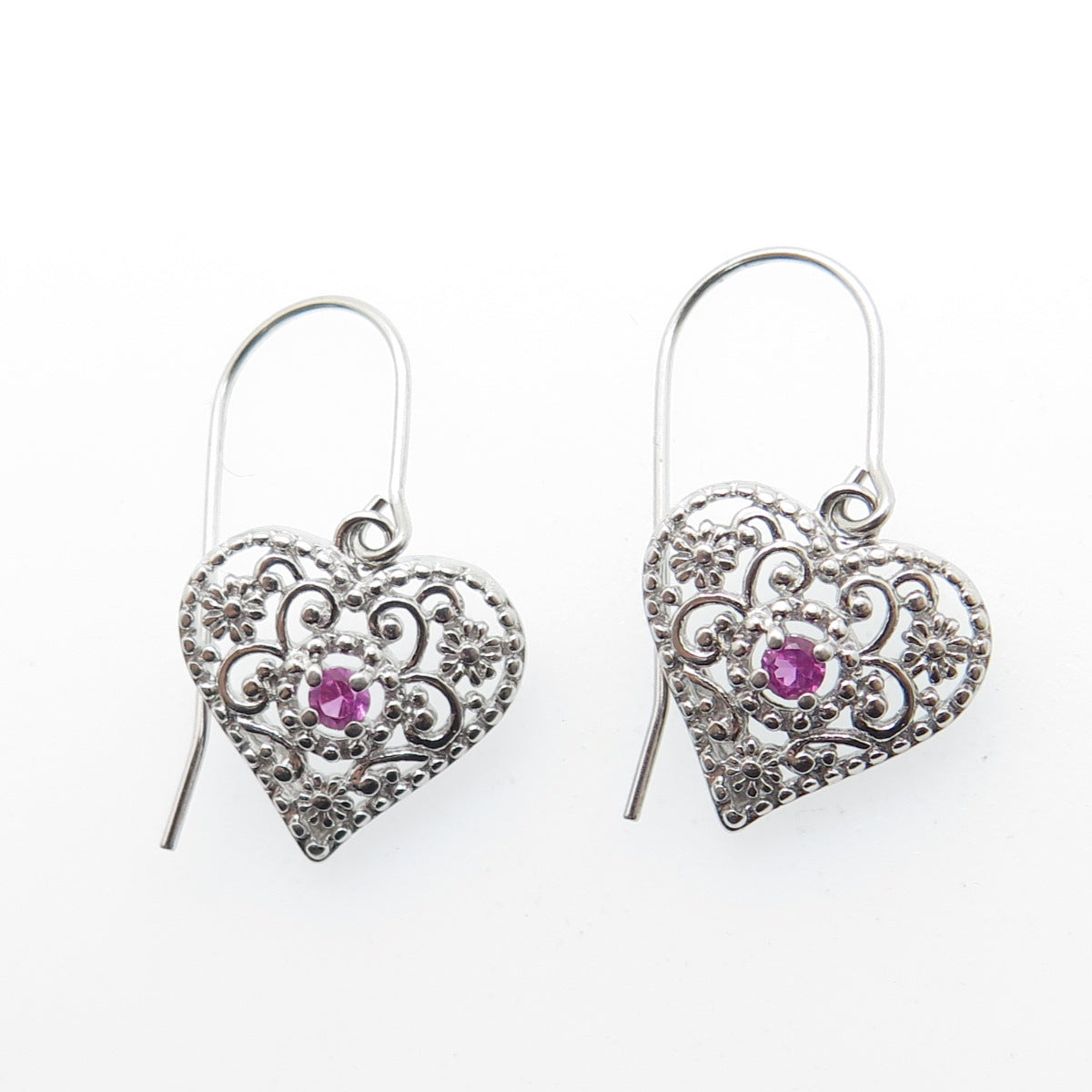 ROSS SIMONS 925 Sterling Silver Real Pink Sapphire Heart Earrings