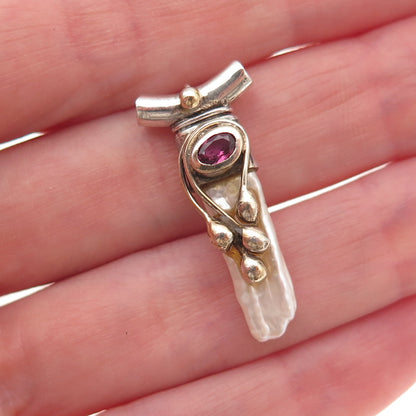 925 Sterling Silver 2-Tone Vintage Real Pearl & Red Garnet Slide Charm Pendant