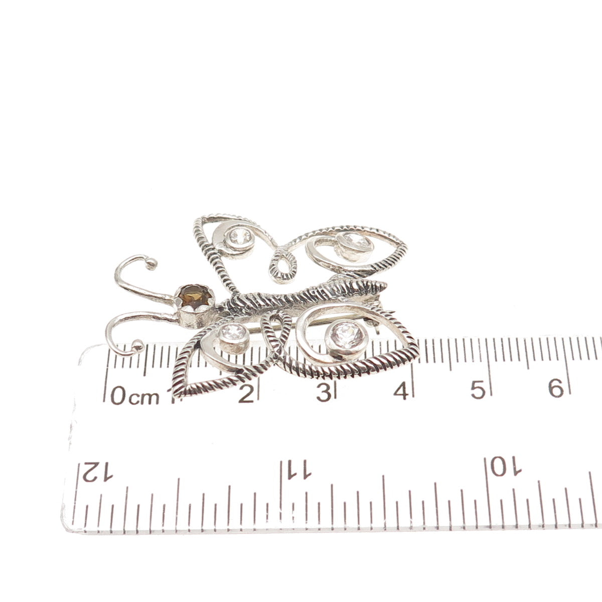 925 Sterling Silver Vintage Real Smoky Quartz & C Z Butterfly Pin Brooch