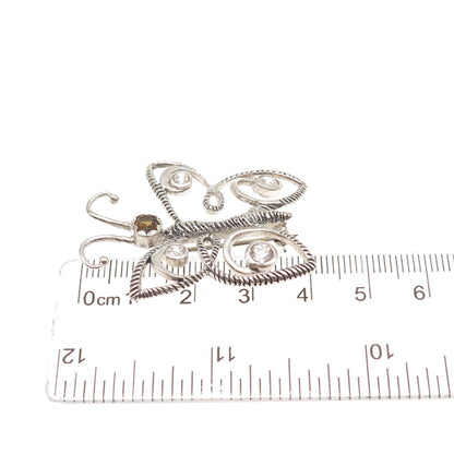 925 Sterling Silver Vintage Real Smoky Quartz & C Z Butterfly Pin Brooch