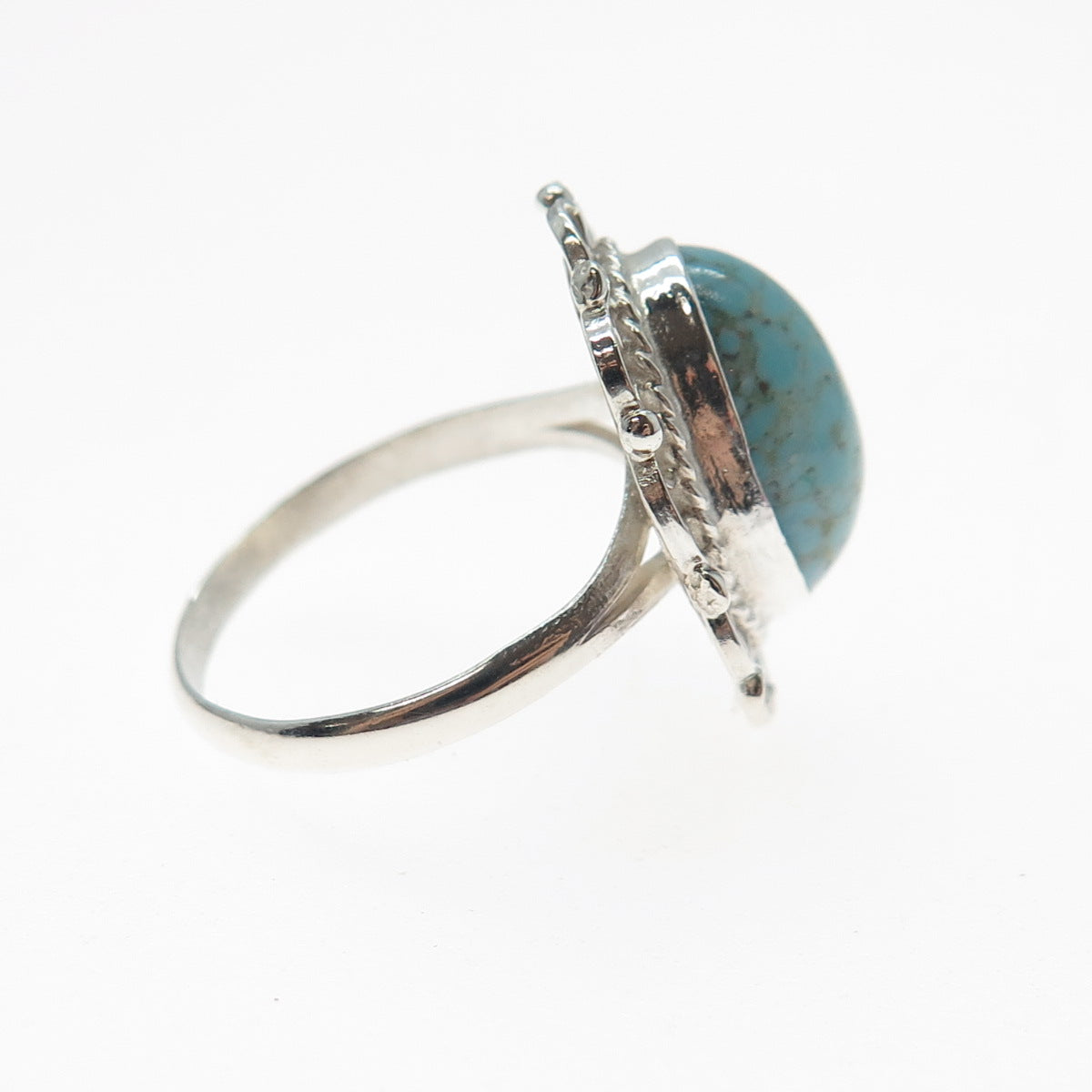 925 Sterling Silver Vintage Mexico Faux Turquoise Filigree Flower Ring Size 7.5