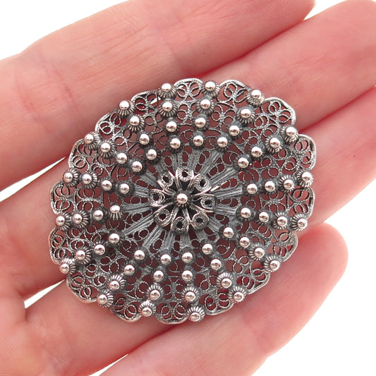 800 Silver Antique Art Deco Italy Floral Filigree Beaded Oxidized Pendant