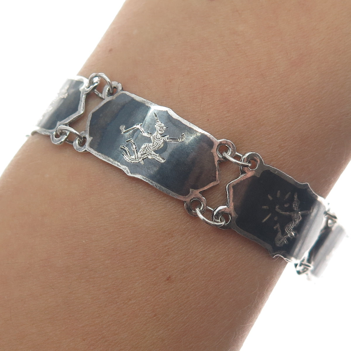 925 Sterling Silver Antique Siam Niello Hindu Goddess Panel Link Bracelet 7"