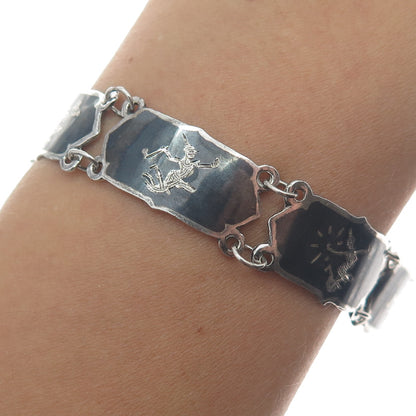 925 Sterling Silver Antique Siam Niello Hindu Goddess Panel Link Bracelet 7"