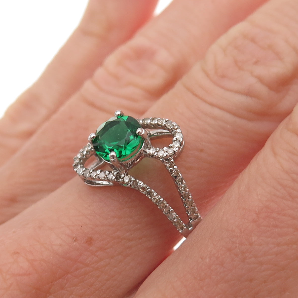 925 Sterling Silver Real Diamond & Chrome Diopside Bypass Ring Size 7.5