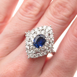 925 Sterling Silver Vintage Real Sapphire & White Topaz Ring Size 8.25
