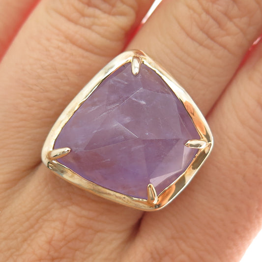 925 Sterling Silver Gold Plated Real Amethyst Modernist Ring Size 7.25