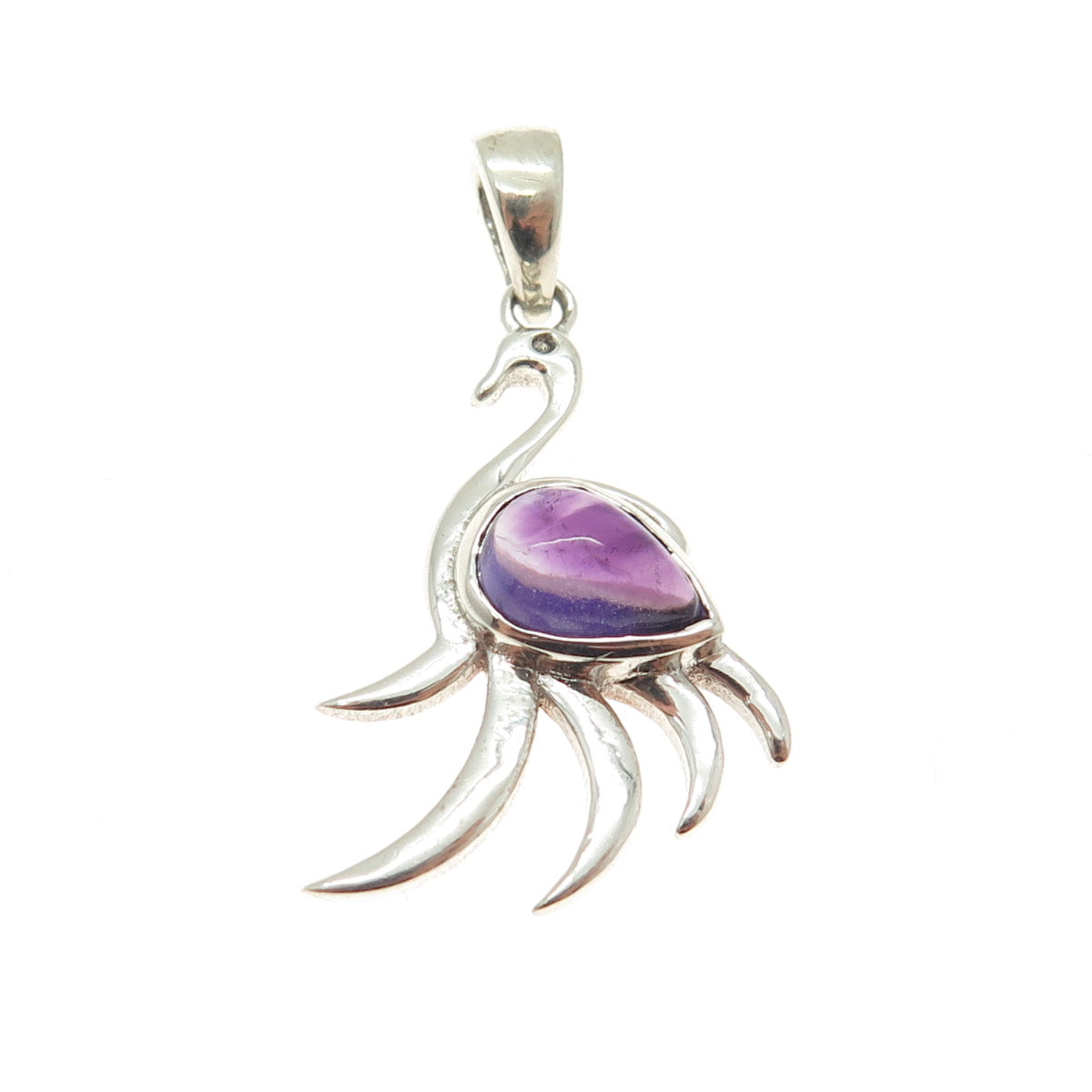 925 Sterling Silver Real Pear-Cut Amethyst Gemstone Swan Modernist Pendant