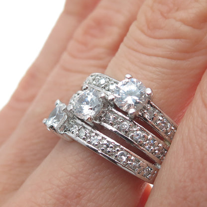 925 Sterling Silver Round-Cut C Z 3-Row Promise Ring Size 7.5