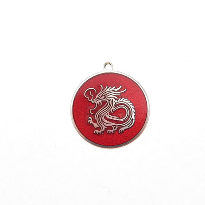 Tokemoti 925 Sterling Silver Red Enamel Chinese Dragon Tag Charm Pendant