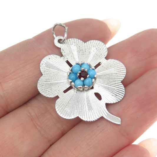 925 Sterling Silver Vintage M&M Blue Glass Rhinestone Clover Floral Pendant