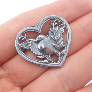 CORO 925 Sterling Silver Antique Art Deco Dove Bird Heart Oxidized Pin Brooch