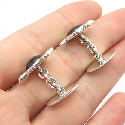 925 Sterling Silver Vintage Real Black Onyx Gem Tortoise For Good Luck Cufflinks