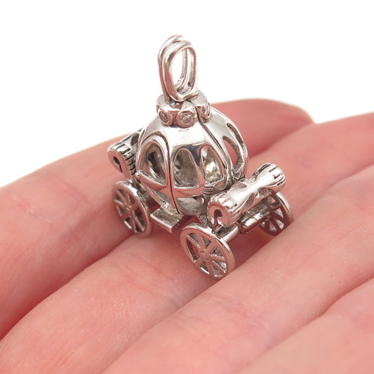 925 Sterling Silver Vintage C Z Cinderella Pumpkin Carriage Open Cage Pendant