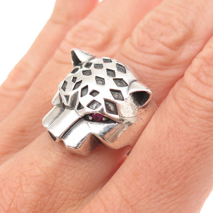 925 Sterling Silver Vintage Real Ruby Panther Oxidized Ring Size 8.25