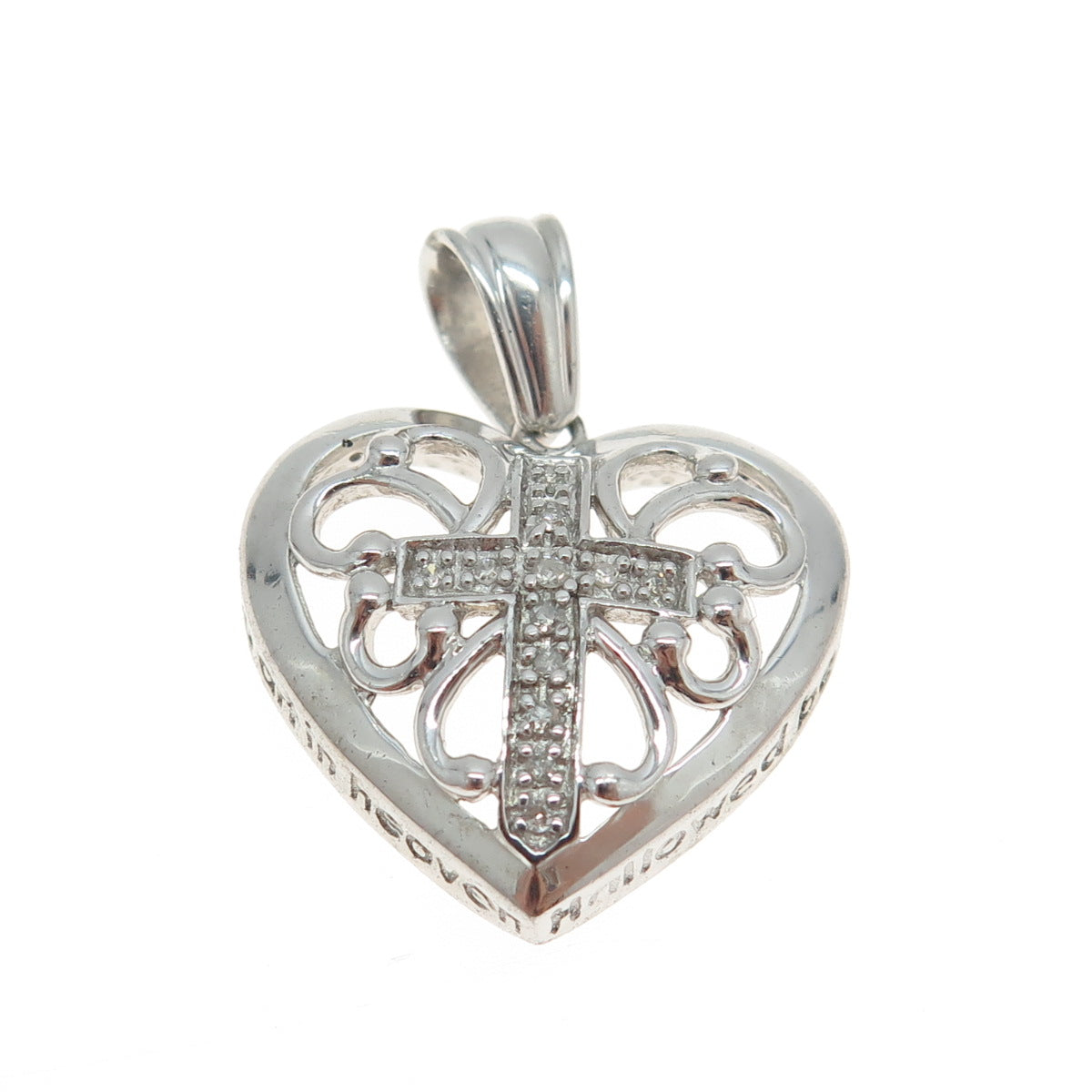 925 Sterling Silver Real Round-Cut Diamond Cross & Preyer Heart Pendant