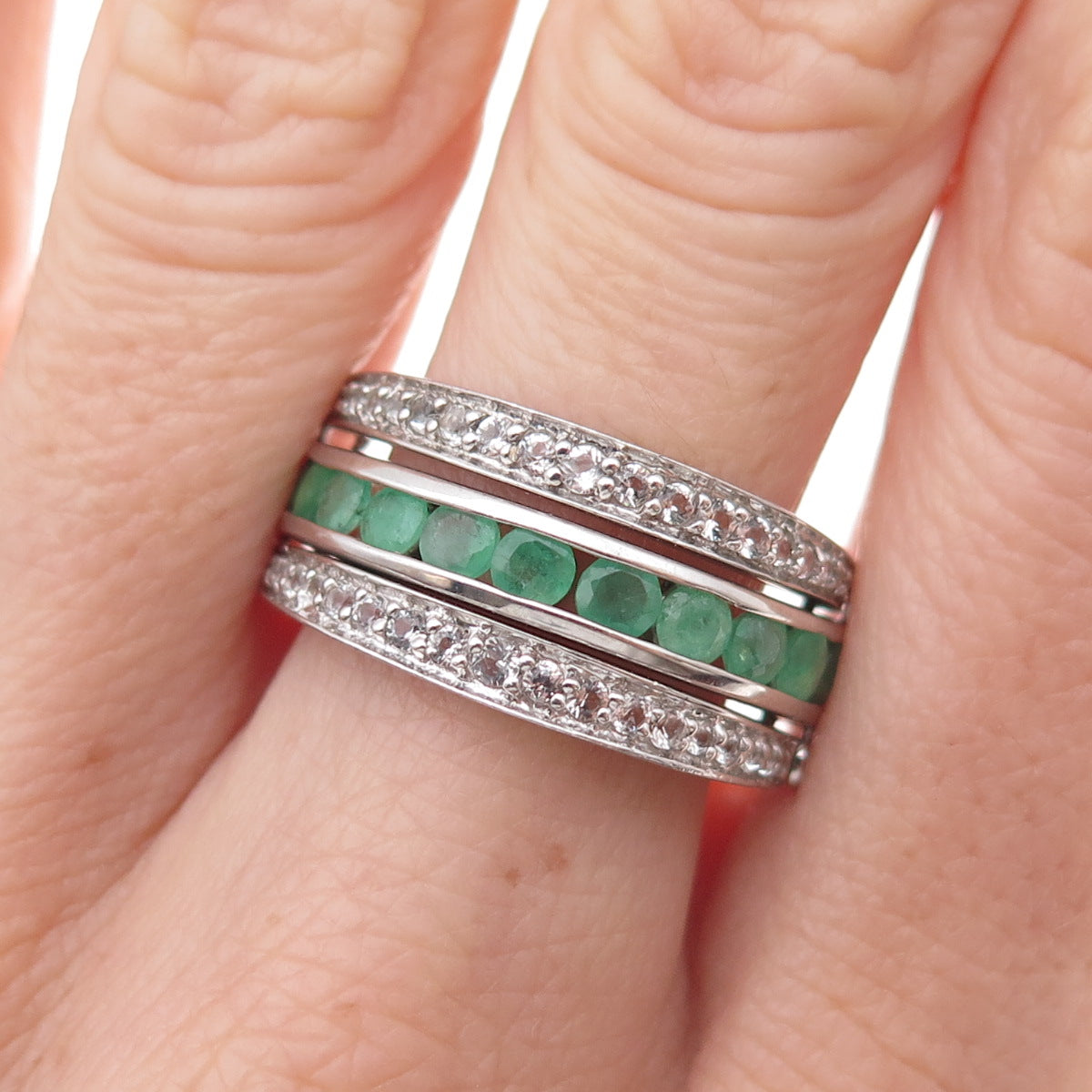 Chuck Clemency 925 Sterling Real Ruby Topaz Emerald Rotating Band Ring Size 7.5