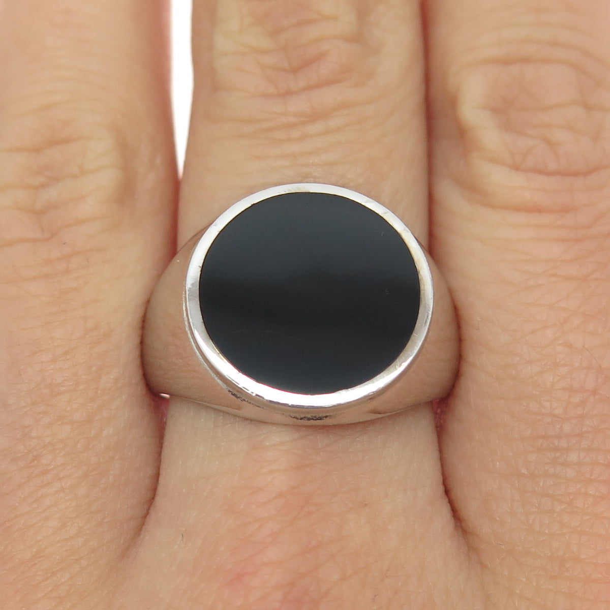 925 Sterling Silver Real Round-Cut Black Onyx Signet Ring Size 10.25