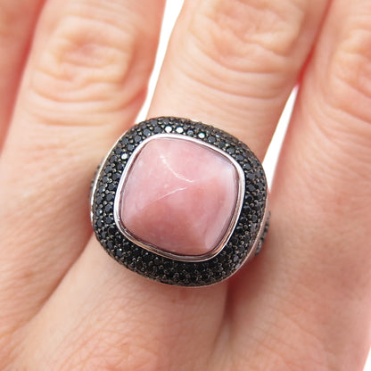 925 Sterling Silver Real Rhodonite & Black Spinel Modernist Ring Size 8