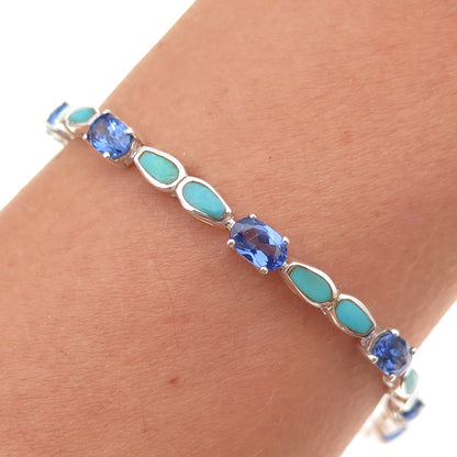 925 Sterling Silver Vintage Real Turquoise & Tanzanite Bracelet 7"
