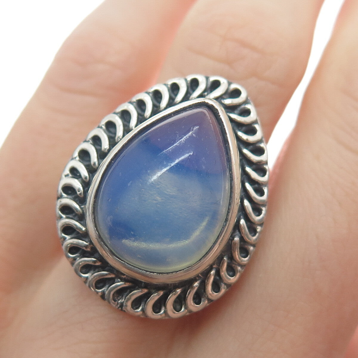 925 Sterling Silver Vintage Real Pear-Cut Moonstone Oxidized Ring Size 8.75