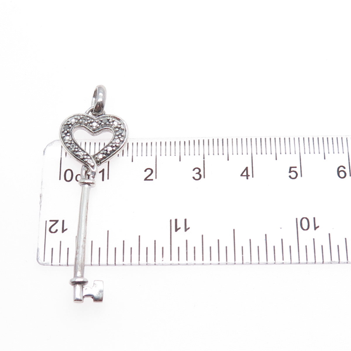 925 Sterling Silver Real Round-Cut Diamond Heart Key Charm Pendant