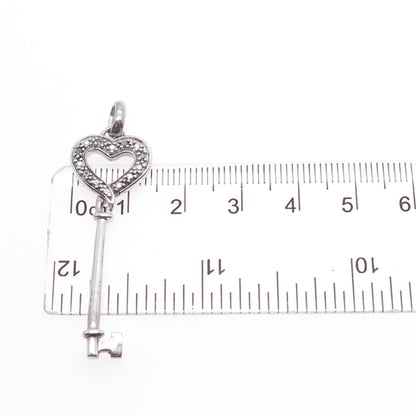 925 Sterling Silver Real Round-Cut Diamond Heart Key Charm Pendant