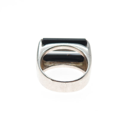 925 Sterling Silver Vintage Italy Real Black Onyx & C Z Modernist Ring Size 7.5