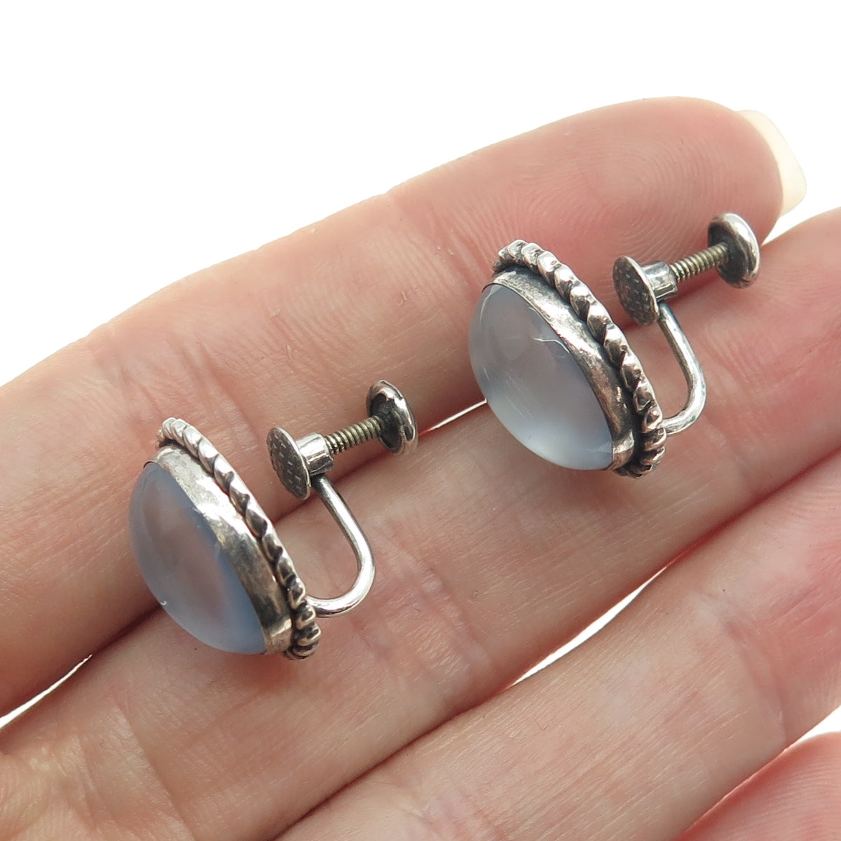 DANECRAFT 925 Sterling Silver Antique Art Deco Opalite Roped Screw Back Earrings