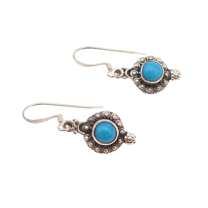 925 Sterling Silver Vintage Real Turquoise Beaded Oxidized Dangle Earrings