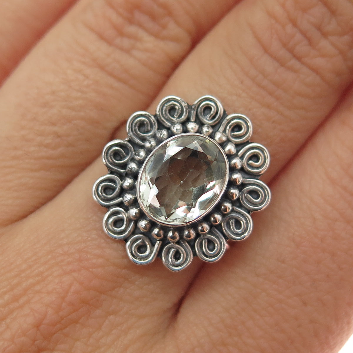 925 Sterling Silver Vintage Real Green Amethyst Swirl Beaded Ring Size 8.25