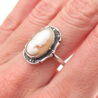 925 Sterling Antique MOP Marcasite Lady Cameo Ring Size 7.25 (missing 6 stones)