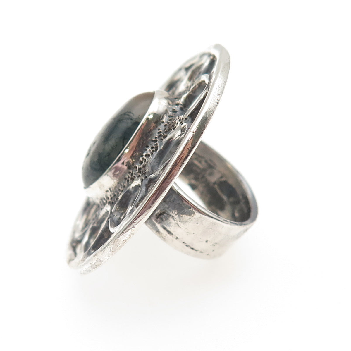 925 Sterling Silver Vintage Real Moss Agate Oxidized Statement Ring Size 5.75