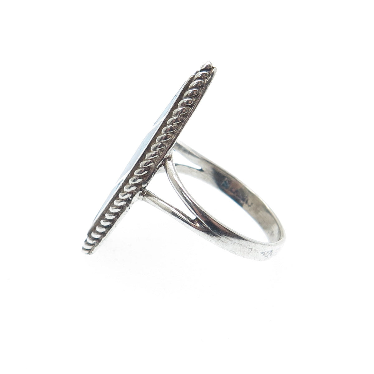 925 Sterling Silver Vintage Southwestern Turquoise Inlay Oxidized Ring Size 5.5