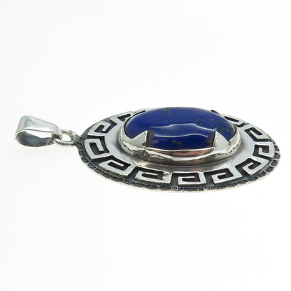 925 Sterling Silver Vintage Real Lapis Lazuli Gemstone Greek Maze Pendant