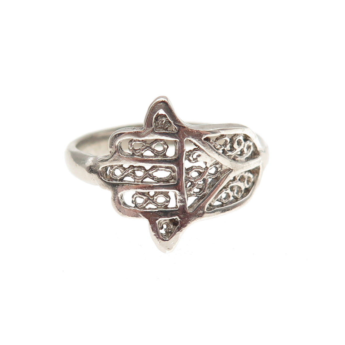 925 Sterling Silver Vintage Hamsa Amulet Filigree Oxidized Ring Size 8.25