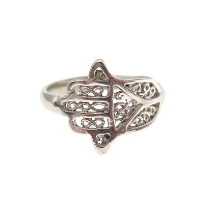 925 Sterling Silver Vintage Hamsa Amulet Filigree Oxidized Ring Size 8.25