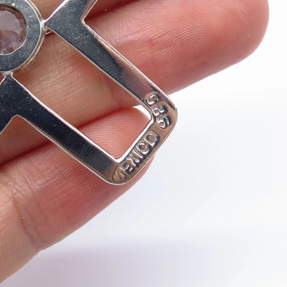 925 Sterling Silver Vintage Mexico Round-Cut C Z Cross Pendant