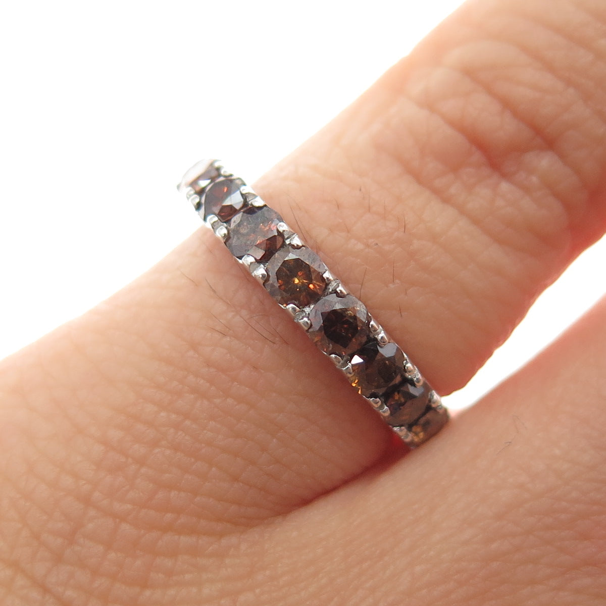 925 Sterling Silver Real Round-Cut Cognac Diamond Half Eternity Ring Size 5