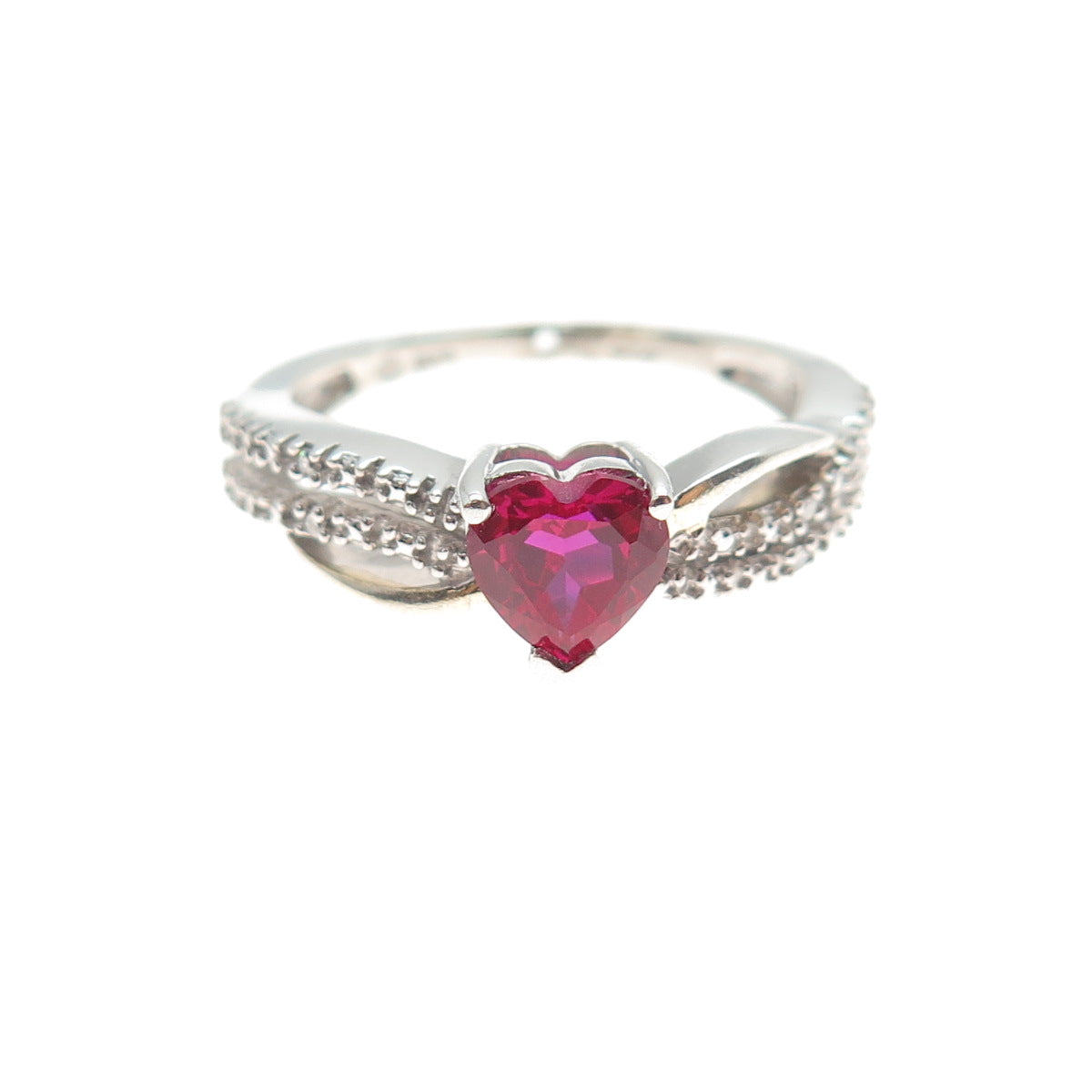 SAI 925 Sterling Silver Real Diamond & Lab-Created Ruby Heart Ring Size 6.75