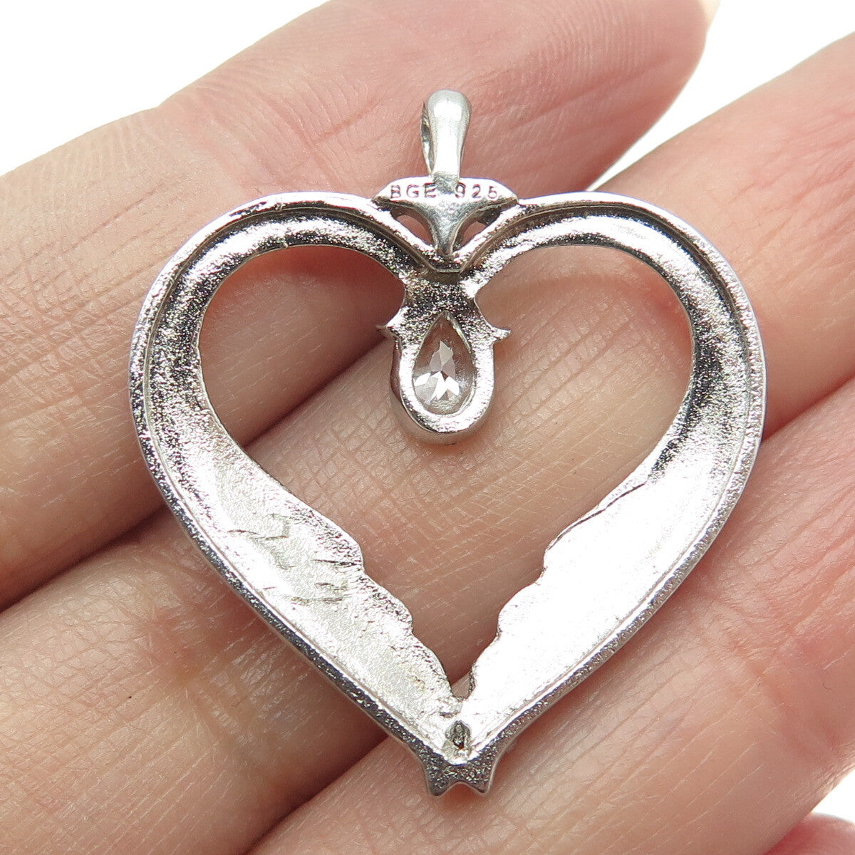 BGE BRADFORD 925 Sterling Silver Pear-Cut Shaped C Z Angel Wings Heart Pendant