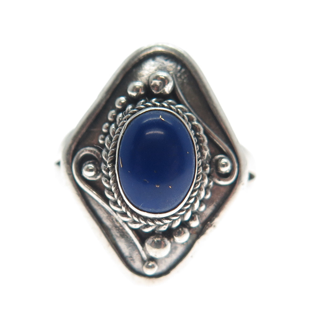 925 Sterling Silver Vintage Real Lapis Lazuli Gem Beaded Oxidized Ring Size 6.5