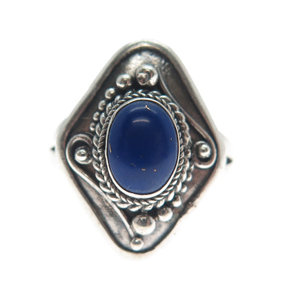 925 Sterling Silver Vintage Real Lapis Lazuli Gem Beaded Oxidized Ring Size 6.5