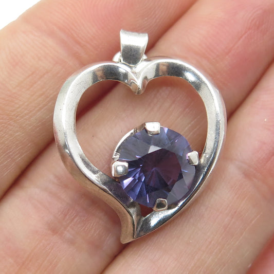 925 Sterling Silver Vintage Mexico Real Peacock Sapphire Heart Modernist Pendant