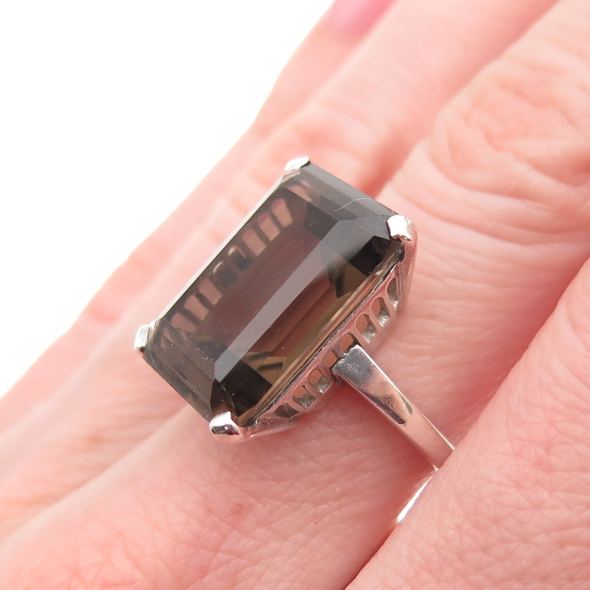 925 Sterling Silver Vintage Real Emerald-Cut Smoky Quartz Ring Size 6